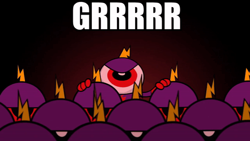 A Cartoon Monster Is Surrounded By Purple Balls And The Words Grrrr Are Above Him GIF