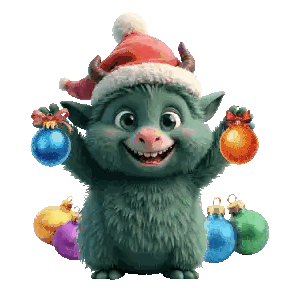 a cartoon monster wearing a santa hat is holding a christmas ornament