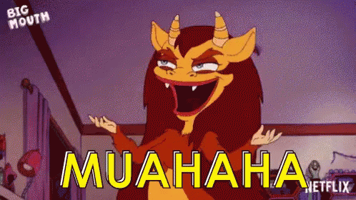 A Cartoon Monster With Horns Is Laughing With The Words Muahaha Written In Yellow GIF