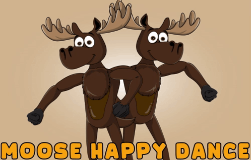 A Cartoon Moose Dancing With The Words Moose Happy Dance Below It GIF