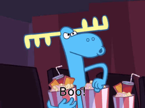 A Cartoon Moose Is Holding Buckets Of Popcorn And Drinks With The Words Boo Written Below It GIF