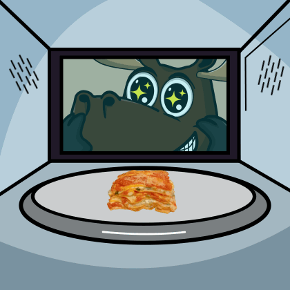 A Cartoon Moose Is Looking At A Slice Of Lasagna GIF