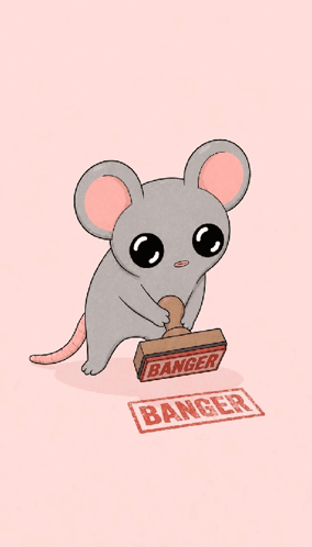 A Cartoon Mouse Holding A Stamp That Says Banger GIF