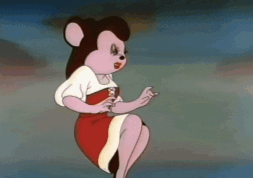 A Cartoon Mouse In A Red And White Dress Is Sitting Down GIF