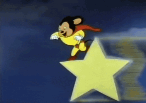 A Cartoon Mouse In A Superhero Costume Is Standing On A Yellow Star GIF