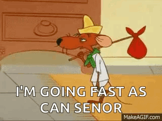 A Cartoon Mouse Is Carrying A Bag On A Stick And Saying `` I 'M Going Fast As Can Seno . '' GIF