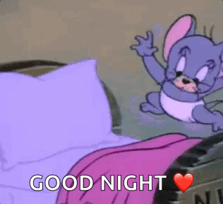 A Cartoon Mouse Is Flying Over A Bed With The Words `` Good Night '' Written On It . GIF