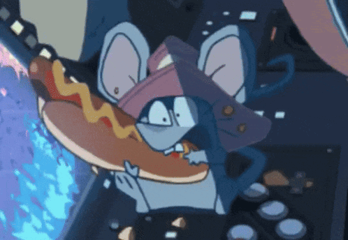 a cartoon mouse is holding a hot dog in his mouth