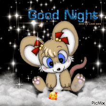 A Cartoon Mouse Is Sitting On A Cloud With The Words Good Night Written Above It GIF