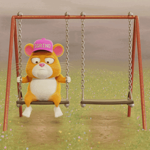 A Cartoon Mouse Is Sitting On A Swing Wearing A Pink Grind Hat GIF