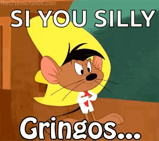 A Cartoon Mouse Is Standing In Front Of A Sign That Says Si You Silly Gringos GIF