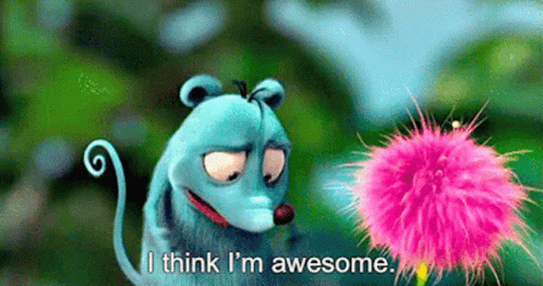 A Cartoon Mouse Is Standing Next To A Pink Flower And Saying I Think I 'M Awesome . GIF