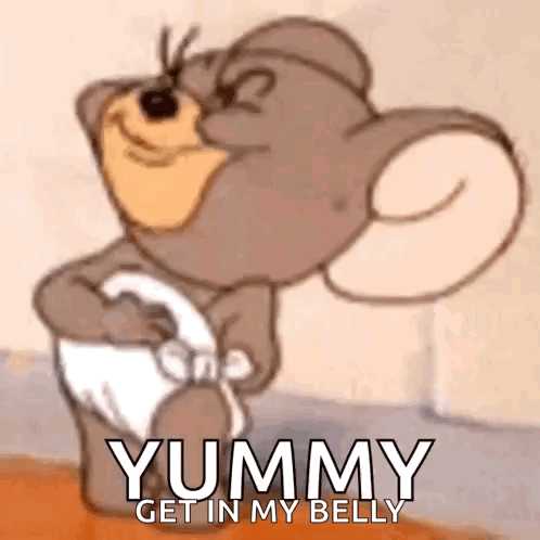 A Cartoon Mouse Is Wearing A Diaper And Saying Yummy Get In My Belly GIF