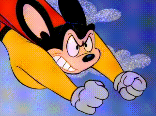 A Cartoon Mouse Is Wearing A Red Cape And Flying Through The Air . GIF