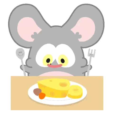 a cartoon mouse sits at a table with a plate of cheese