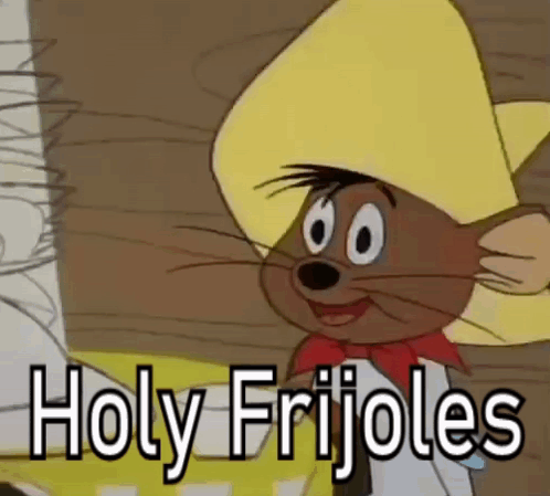 A Cartoon Mouse Wearing A Cowboy Hat And A Bow Tie Is Saying Holy Frijoles . GIF
