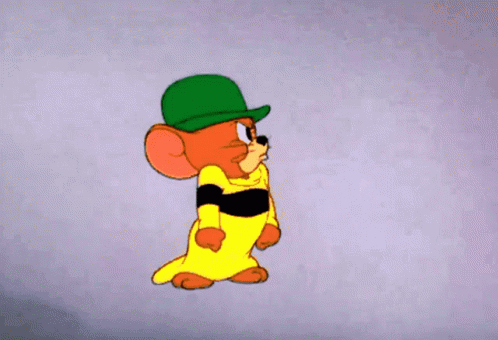 A Cartoon Mouse Wearing A Green Hat And A Yellow And Black Outfit GIF