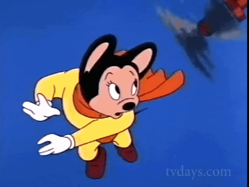 A Cartoon Mouse Wearing A Yellow Cape And Gloves Is Flying Through The Air GIF
