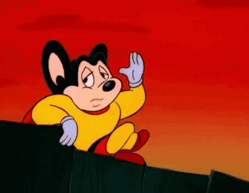 A Cartoon Mouse Wearing A Yellow Superhero Costume Is Standing On A Ledge . GIF