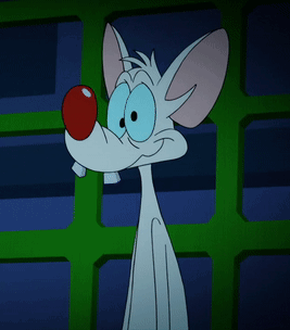 a cartoon mouse with a red nose and blue eyes is behind a green fence