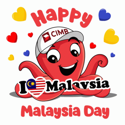 A Cartoon Octopus Wearing A Cimb Hat Says Happy I Malaysia Day GIF