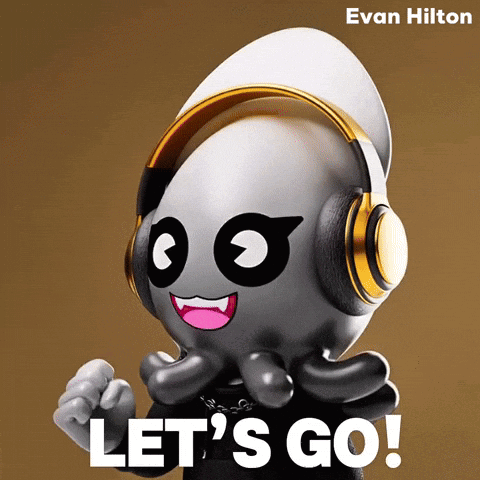 a cartoon octopus wearing headphones with the words let 's go below it
