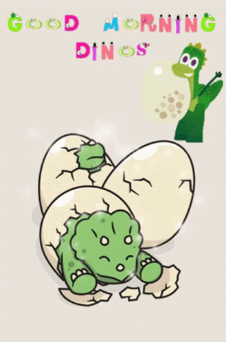 A Cartoon Of A Baby Dinosaur With The Words Good Morning Dinos On The Bottom GIF