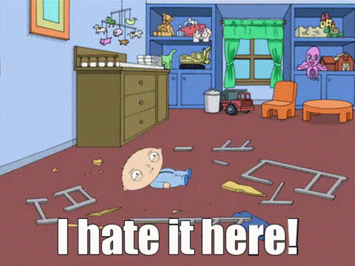 A Cartoon Of A Baby Laying On The Floor And The Words I Hate It Here GIF