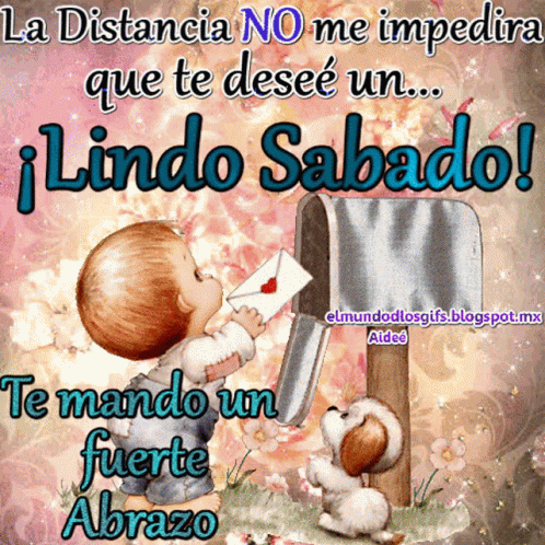 A Cartoon Of A Baby Sending A Letter To A Mailbox With The Words Lindo Sabado GIF