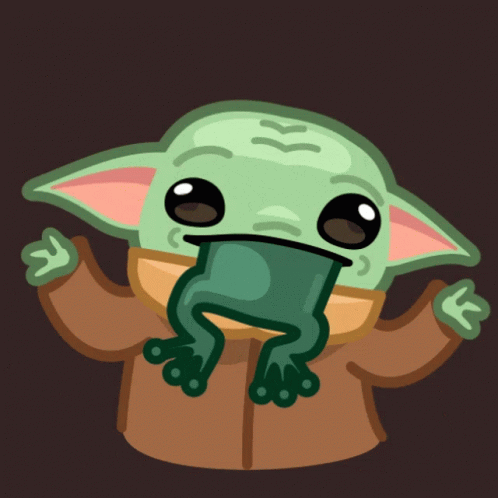 A Cartoon Of A Baby Yoda With A Frog In Its Mouth GIF