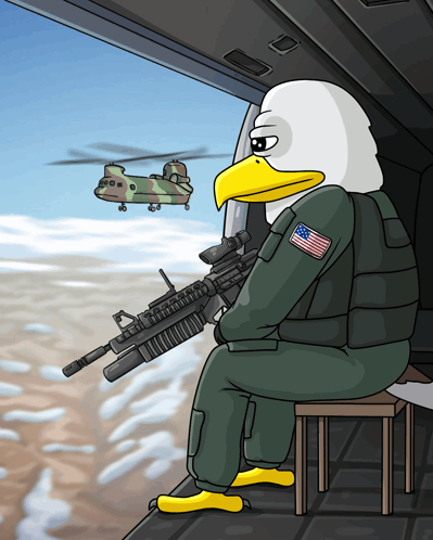 A Cartoon Of A Bald Eagle Holding A Rifle GIF