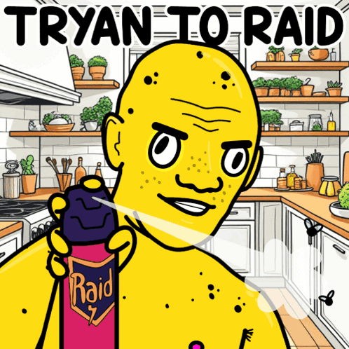 A Cartoon Of A Bald Man Holding A Raid Spray Can GIF