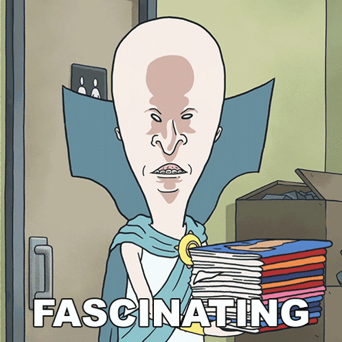A Cartoon Of A Bald Man Holding A Stack Of Cds With The Word Fascinating Below Him GIF