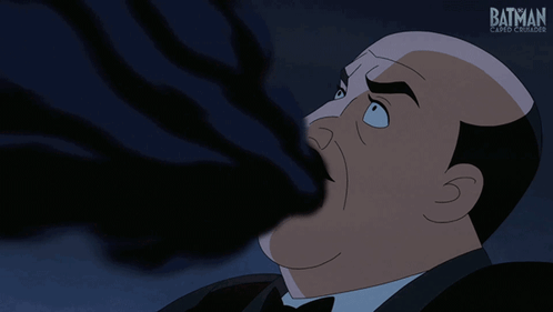 A Cartoon Of A Bald Man With A Batman Logo On The Bottom GIF