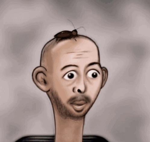 A Cartoon Of A Bald Man With A Cockroach On Top Of His Head GIF