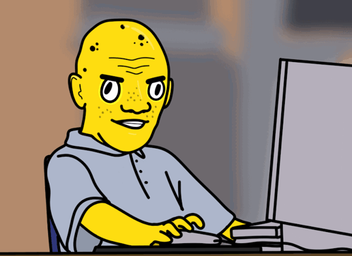A Cartoon Of A Bald Man With A Yellow Face Sitting In Front Of A Computer GIF