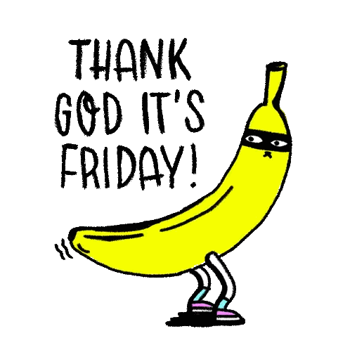 a cartoon of a banana with the words thank god it 's friday below it