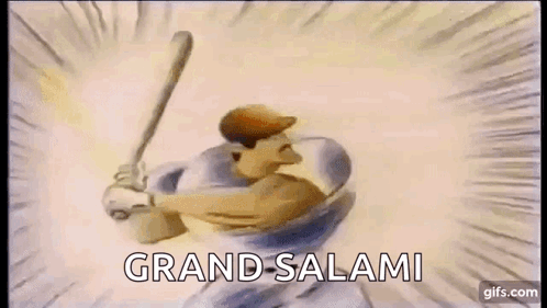 A Cartoon Of A Baseball Player Holding A Bat With The Words `` Grand Salami '' Written Below Him . GIF
