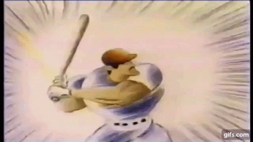 A Cartoon Of A Baseball Player Swinging A Bat At A Pitch . GIF