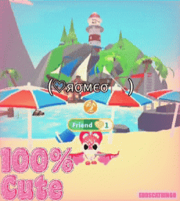 a cartoon of a beach with umbrellas and a lighthouse and the words 100 % cute