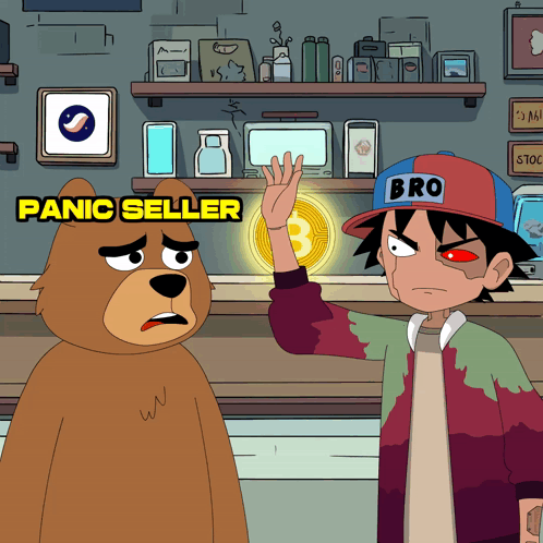 a cartoon of a bear and a boy with the words panic seller on the bottom