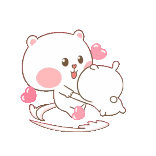 a cartoon of a bear and a rabbit hugging each other surrounded by pink hearts