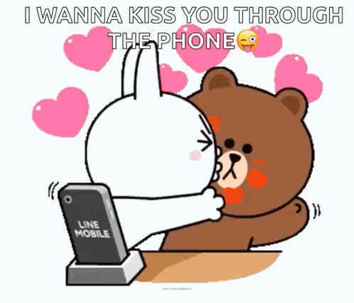 A Cartoon Of A Bear And A Rabbit Kissing Each Other While Looking At A Cell Phone . GIF