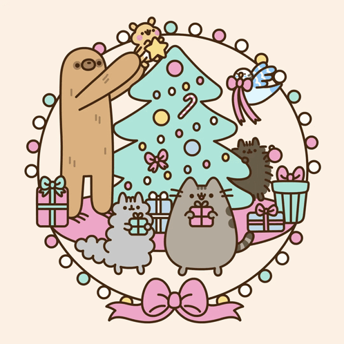 A Cartoon Of A Bear Decorating A Christmas Tree Surrounded By Cats And Gifts GIF