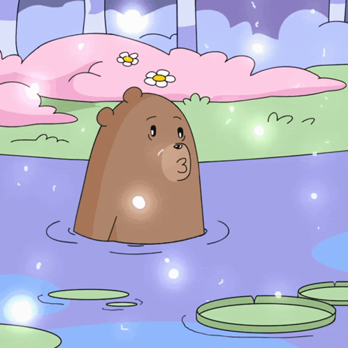 A Cartoon Of A Bear Drinking Water From A Pond With Flowers In The Background GIF