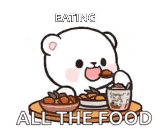 A Cartoon Of A Bear Eating All The Food With Hearts Around Him . GIF