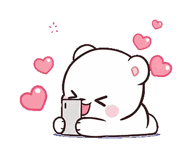 a cartoon of a bear holding a cell phone surrounded by pink hearts