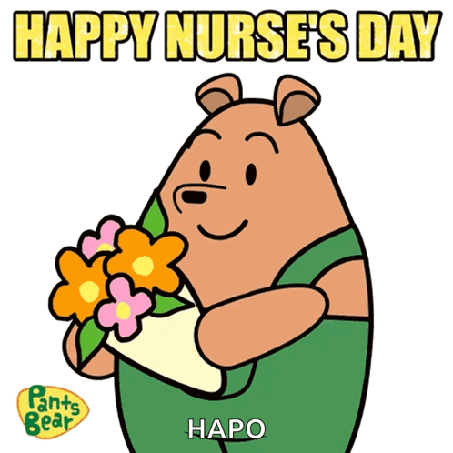 A Cartoon Of A Bear Holding Flowers With The Words Happy Nurse 'S Day GIF
