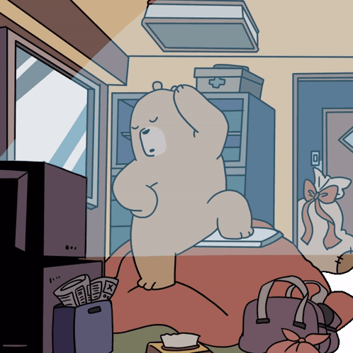 A Cartoon Of A Bear In A Messy Room GIF