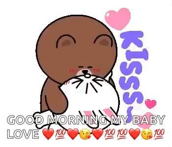 A Cartoon Of A Bear Kissing A Cat With Hearts Around It And The Words `` Good Morning My Baby Love '' . GIF
